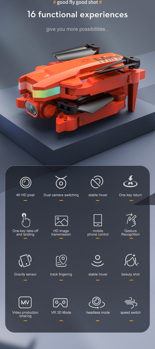 Foldable Mini Drone showcasing 16 functional features including 4K HD video and gravity sensor.