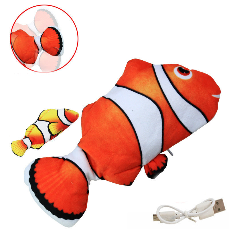 Orange and white clownfish interactive fish cat toy with USB charging cable for pet entertainment