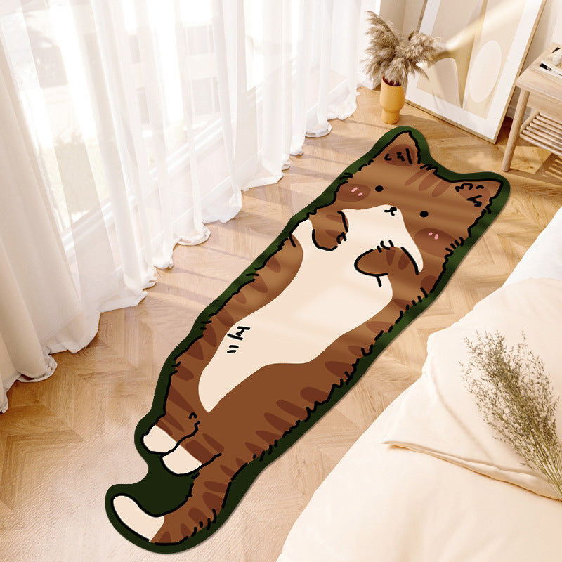 Cute cartoon area rug for kids shaped like a playful brown and white cat on wooden floor