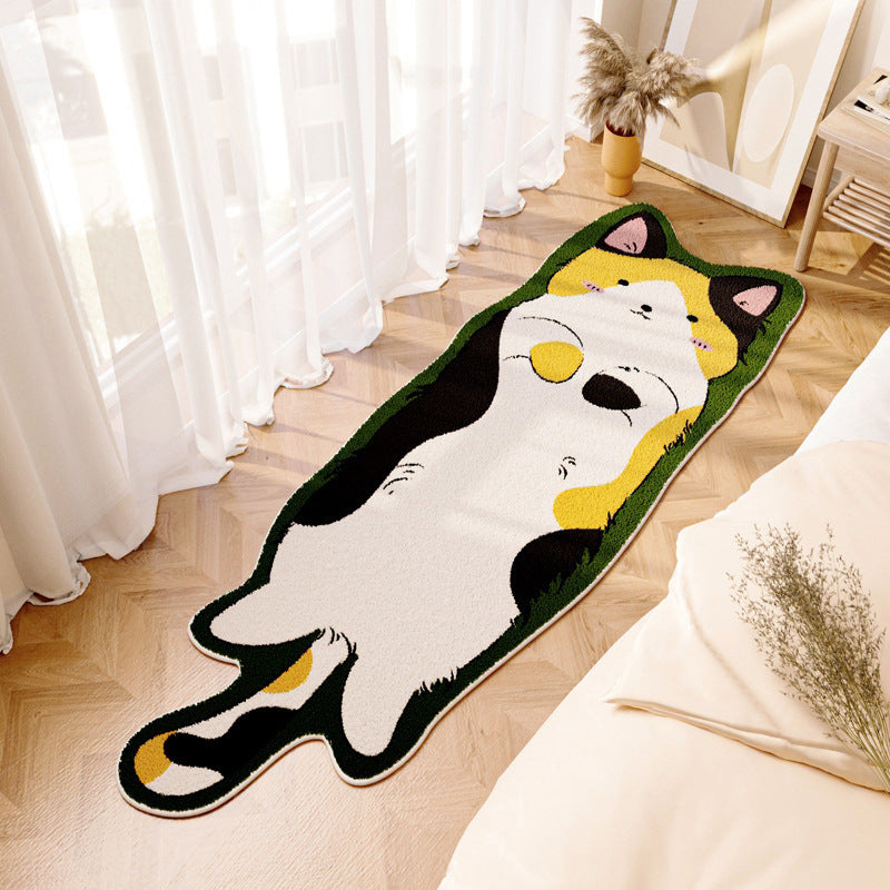 Cute cartoon area rug for kids featuring a playful cat design in a cozy bedroom setting