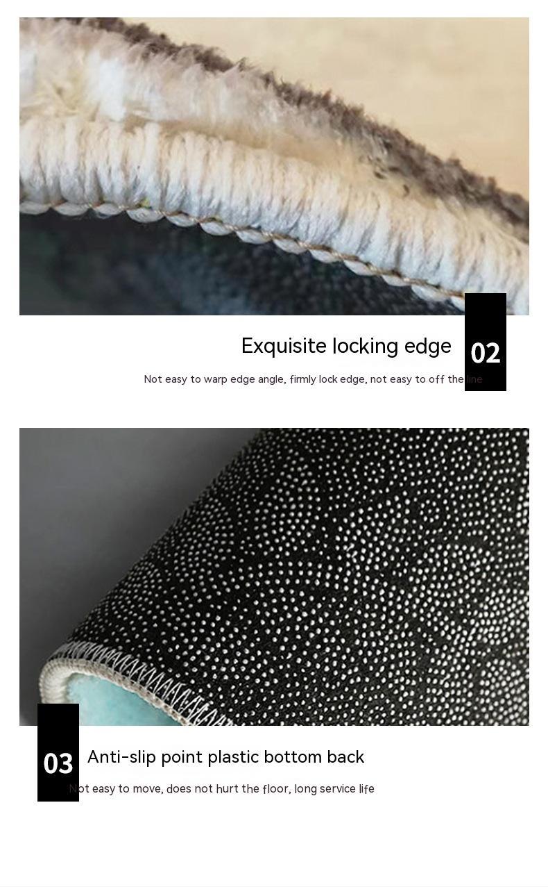 Close-up of exquisite locking edge and anti-slip point plastic bottom back on cute cartoon area rug for kids