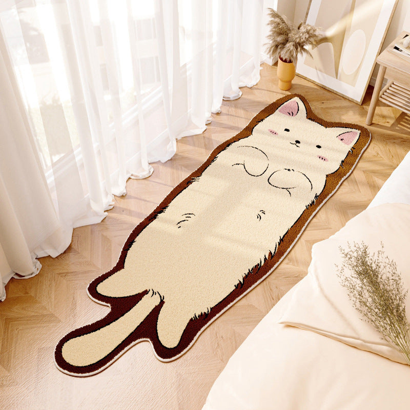Cute cartoon area rug for kids shaped like a lying cat with a cream and brown color scheme