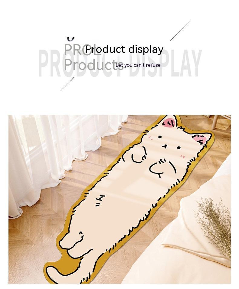 Cute cartoon area rug for kids featuring a playful beige cat design on hardwood floor