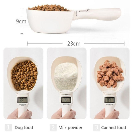 Pet Food Scale LCD Electronic Precision Weighing Tool Dog Cat Feeding Food Measuring Spoon with dog food, milk powder, and canned food.