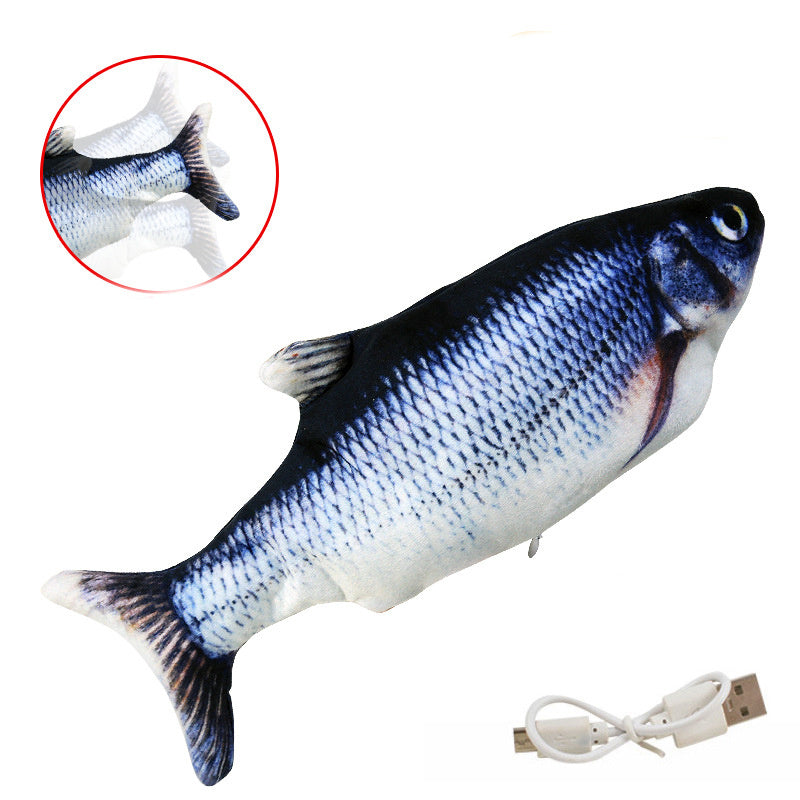Muezza shoppe interactive fish cat toy resembling a realistic blue and white fish with USB charging cable