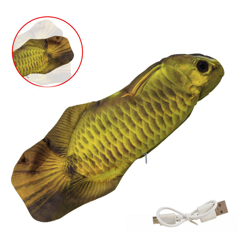 Muezza shoppe interactive fish cat toy in green with realistic scales and USB charging cable