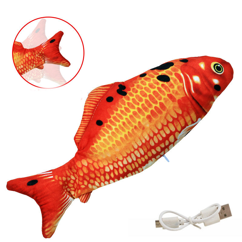 Muezza shoppe interactive fish cat toy in orange with black spots and USB charging cable