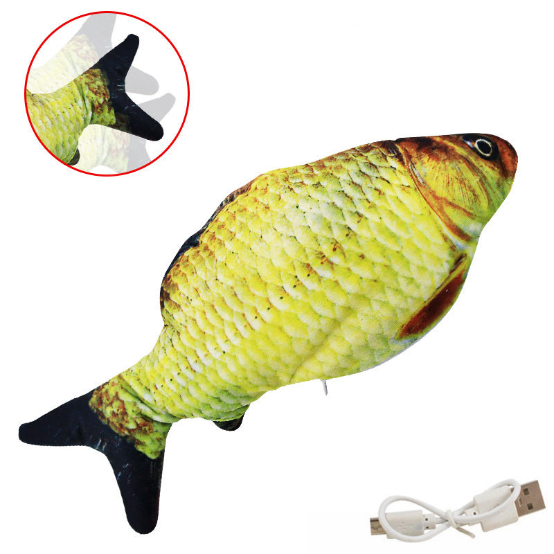 Muezza shoppe interactive fish cat toy in yellow with realistic scales and USB charging cable