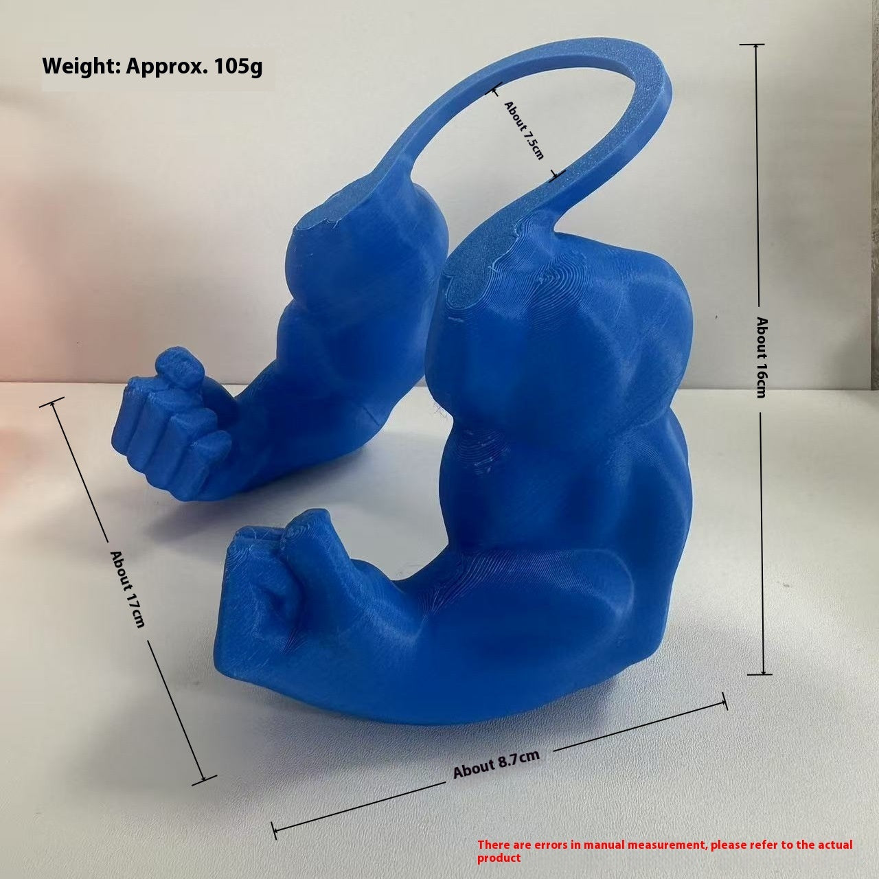 Blue pet decorative halter toy shaped like muscular arms with grip handles and size measurements